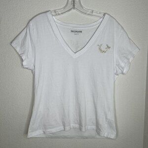 True Religion Shirt Womens L White Studded Horseshoe Script V Neck Logo Tee Top